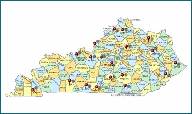 A map of kentucky with the locations of many counties.